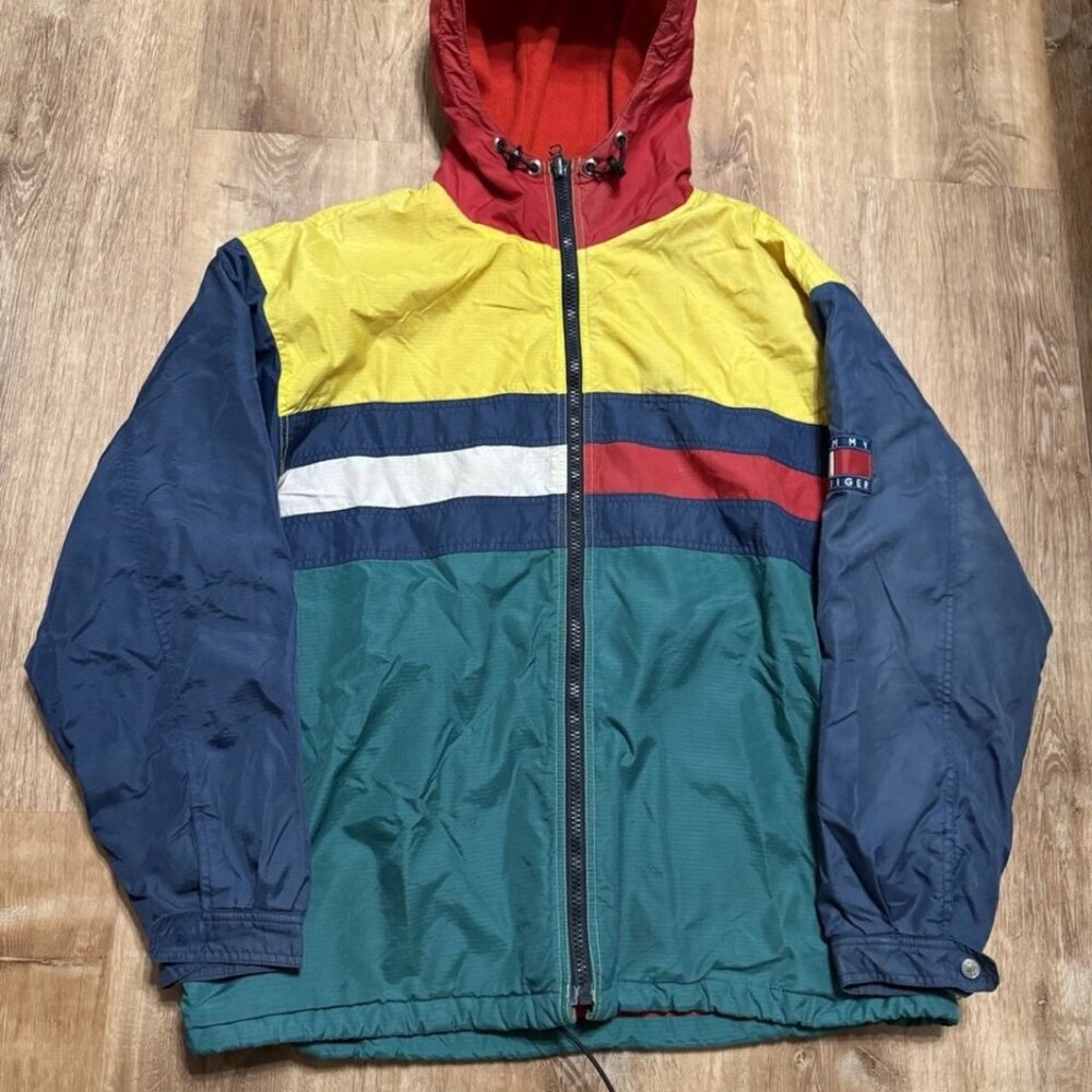 Tommy Hilfiger Men's Vintage 90s Color Block Flag Hooded Windbreaker Jacket XL